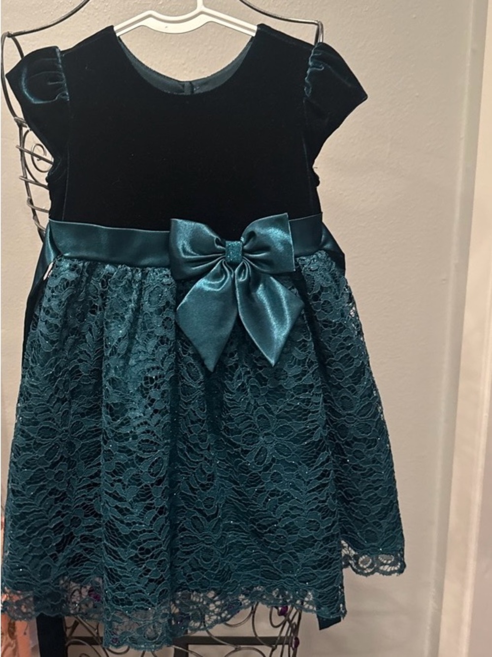 Jona Michelle Teal Lace and Velvet Bow Party Dress